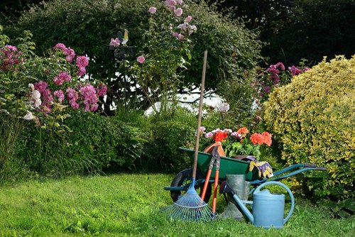 A well-maintained garden scene showcasing a neatly mowed green lawn with lush bushes and flowering plants, including vibrant pink and purple blossoms, in a residential outdoor space. In the foreground, gardening tools such as a blue rake, a watering can, and a wheelbarrow filled with planting supplies are arranged on the grass. The background features a dense cluster of trees and shrubs, adding natural seclusion and shade to the garden, which appears to be in good condition and suitable for outdoor gardening activities. The overall environment is well-kept, with fresh lighting suggesting a clear, sunny day, reflecting the typical landscape maintained by gardens and landscaping services in the Honor Oak or surrounding London area.